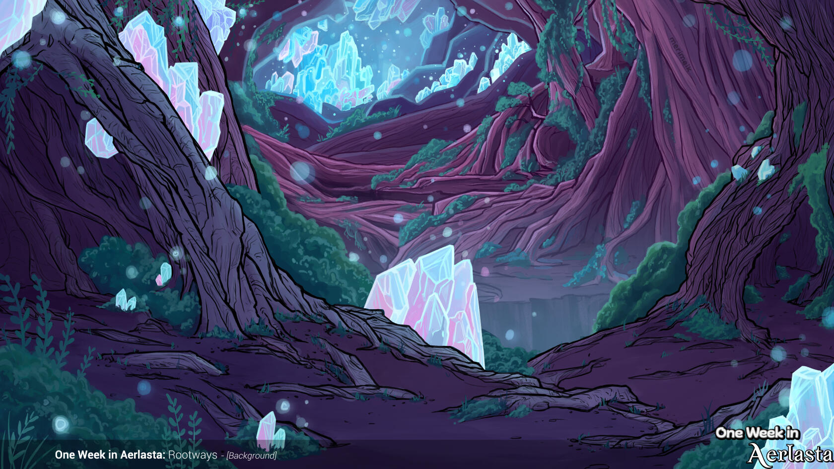 One Week in Aerlasta: Rootways Background art (lines & colours). An underground cavern made almost entirely of tree roots. Moss and unusual plants cover the roots, lit by the glowing crystals growing out of them.
