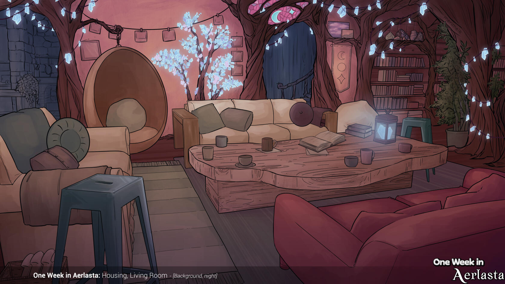 Background art (lines & colours). A rustic living room area with structural tree roots, comfy seating, rugs & pillows, book shelves, and a crystal tree. Crystal lights are strung across the ceiling and archways leading to other rooms.