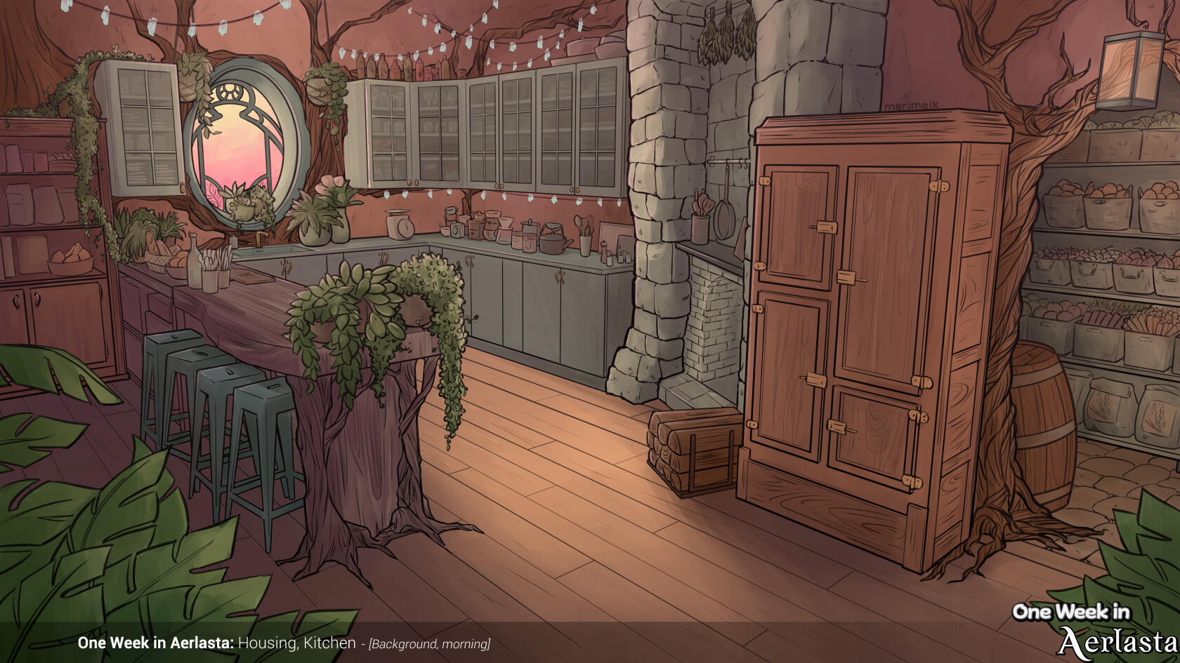 Background art (lines & colours). A rustic kitchen with tree roots supporting the structure, a walk-in pantry full of vegetables and a stone hearth for cooking. Houseplants and crystal lights are strung across the ceiling or scattered throughout.