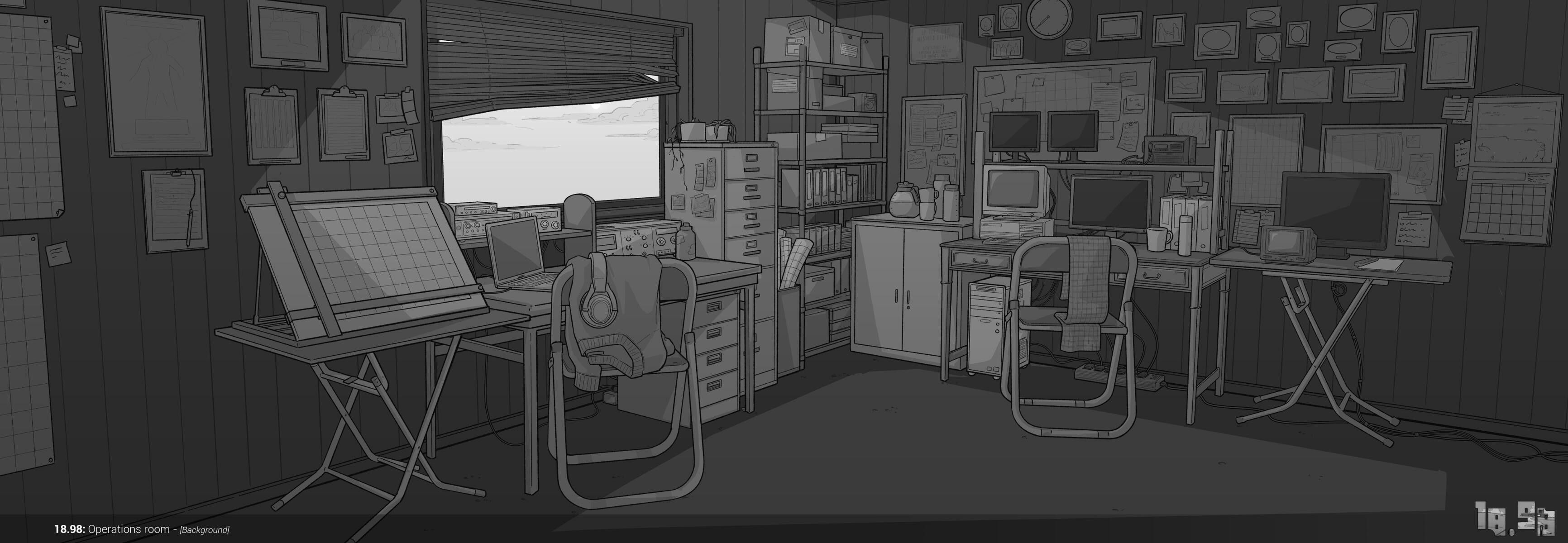 18.98: Operations Room BG Background art (lineart with B&W values). A room filled with an eclectic mix of old and modern furniture and tech, with an abundance of visible file storage. The walls are lined with notices and photos, and a wide window partially covered by the blinds.