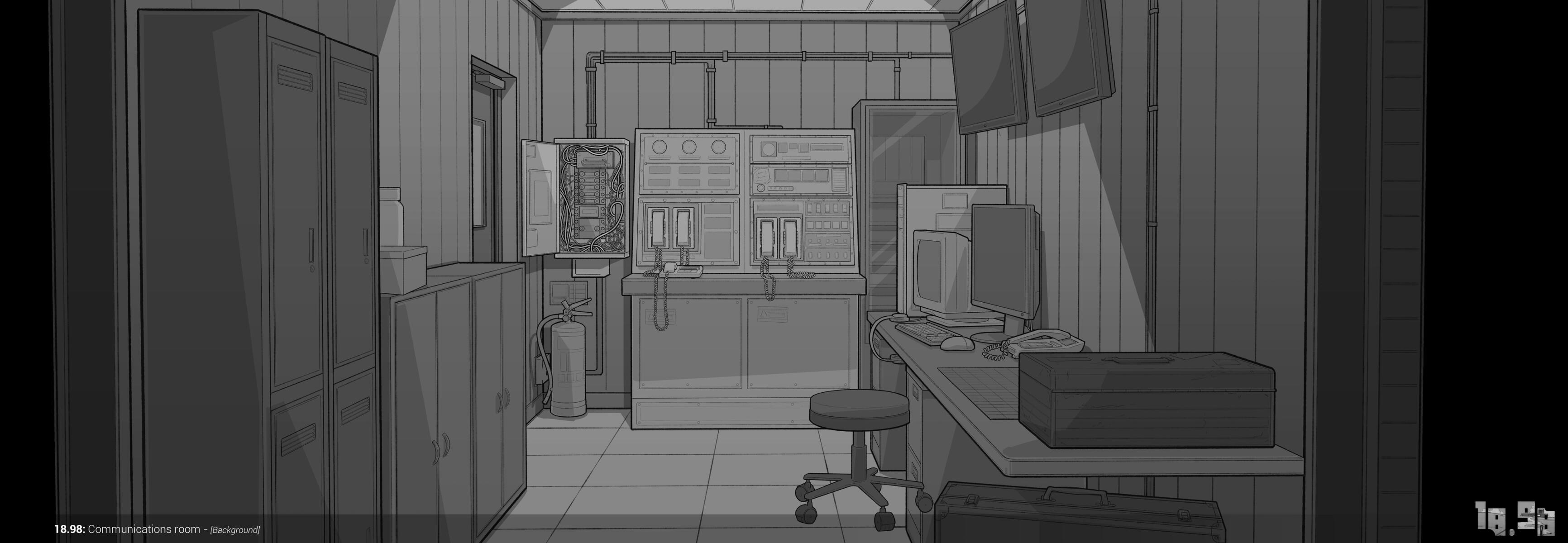 18.98: Comms Room BG Background art (lineart with B&W values). A narrow room filled with communications tech, monitoring equipment, and an open fuse box in the corner.