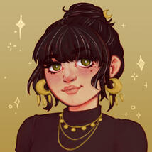 Illustration of the artist with a thick fringe and moon-shaped jewellery